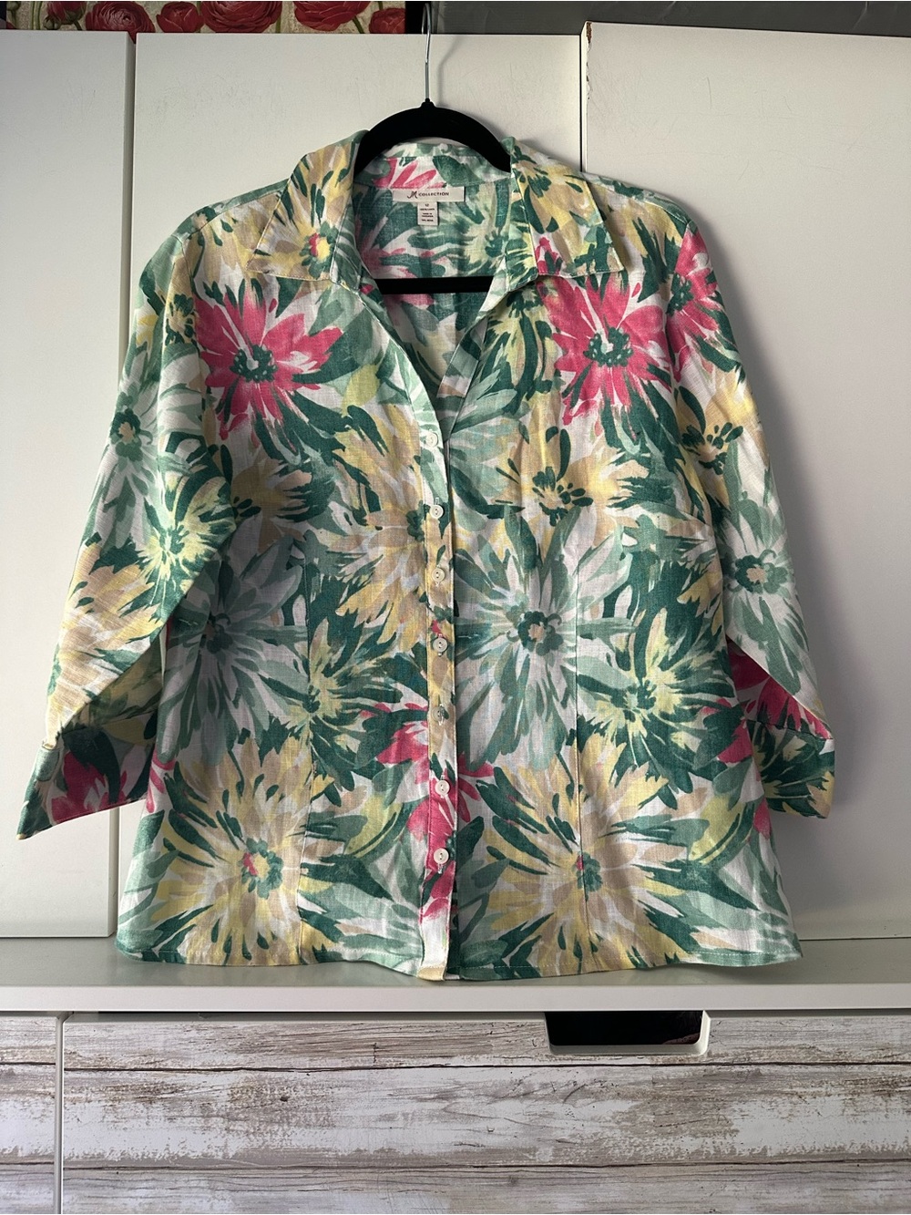 🌸 JM Collection 100% Linen Floral Button Front Shirt Size 12